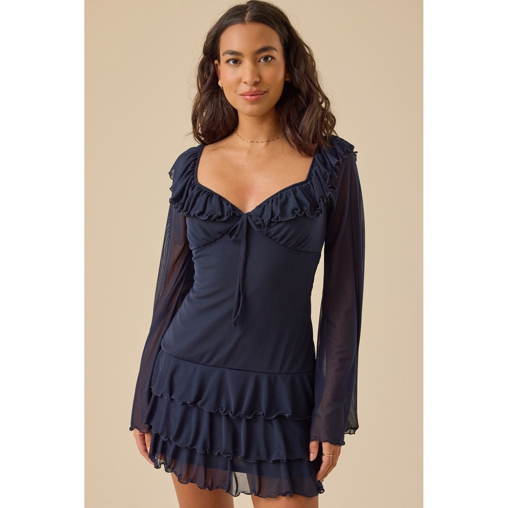 Altar'd State Navy Blue‎ Ruffle Mini Dress Sheer Long Sleeve Sweetheart Size 2XL
